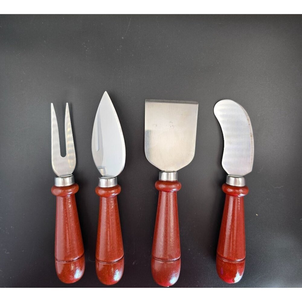 4-Piece Stainless Steel Cheese Knife Set With Red Wooden Handles Charcuterie - Picture 3 of 8